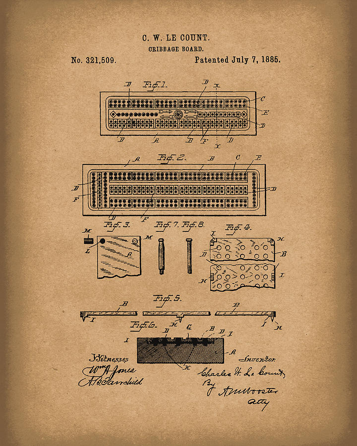 Cribbage Board 1885 Patent Art Brown Drawing by Prior Art Design