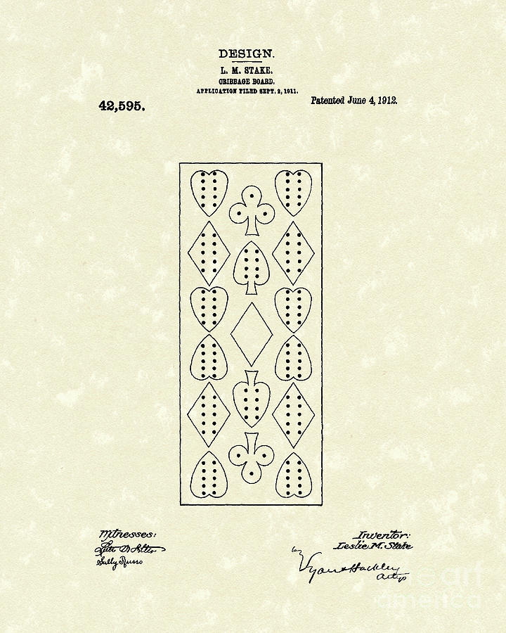 Cribbage Board 1912 Patent Art Drawing by Prior Art Design