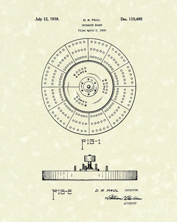 Cribbage Board 1938 Patent Art Drawing by Prior Art Design