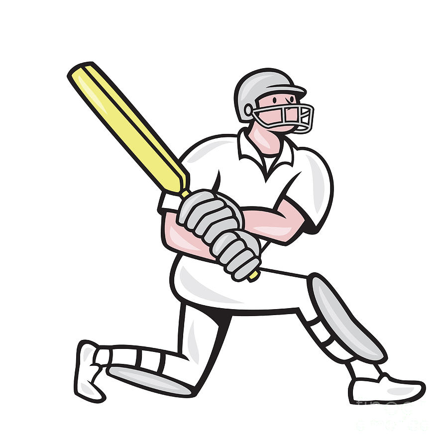 Cricket Player Batsman Batting Kneel Cartoon Digital Art By Aloysius