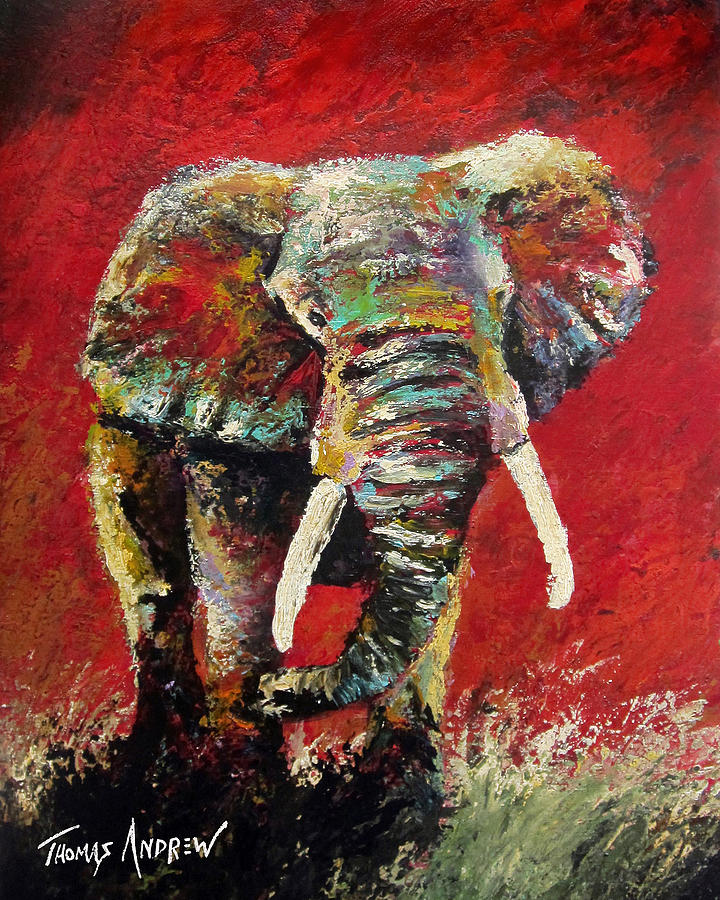 Elephant Painting - Crimson Charge by Thomas Andrew