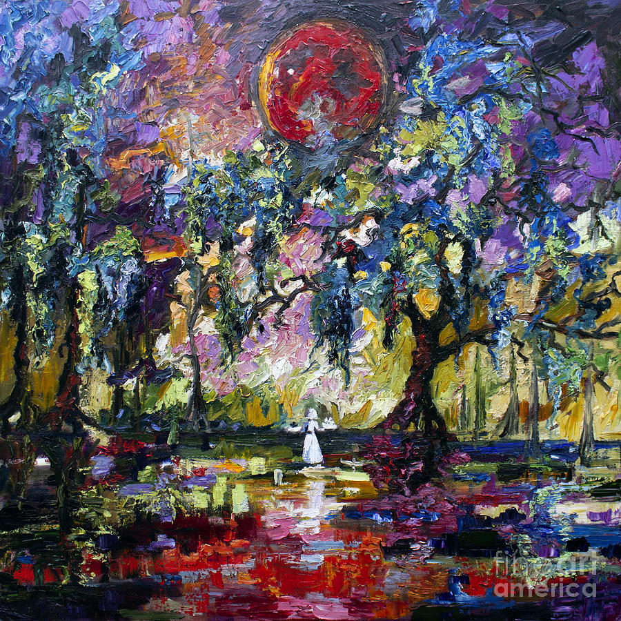 Crimson Moon over the Garden of Good and Evil Painting by Ginette Callaway