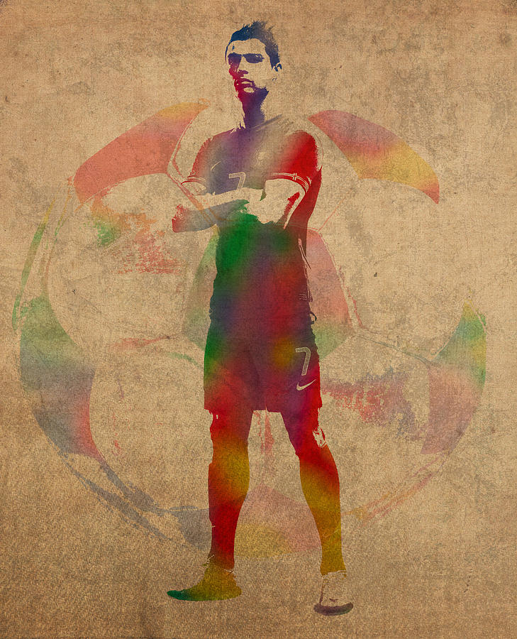 Cristiano Ronaldo Mixed Media - Cristiano Ronaldo Soccer Football Player Portugal Real Madrid Watercolor Painting on Worn Canvas by Design Turnpike
