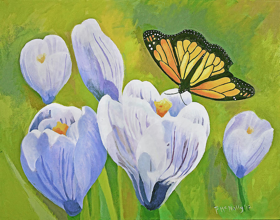 Crocus and Monarch Butterfly Painting by Susan McNally