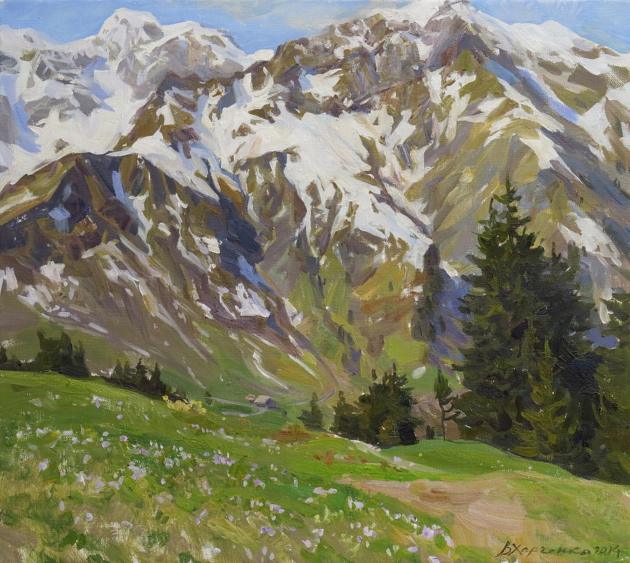 Mountains Painting - Crocuses near the Hochberg mountain by Victoria Kharchenko