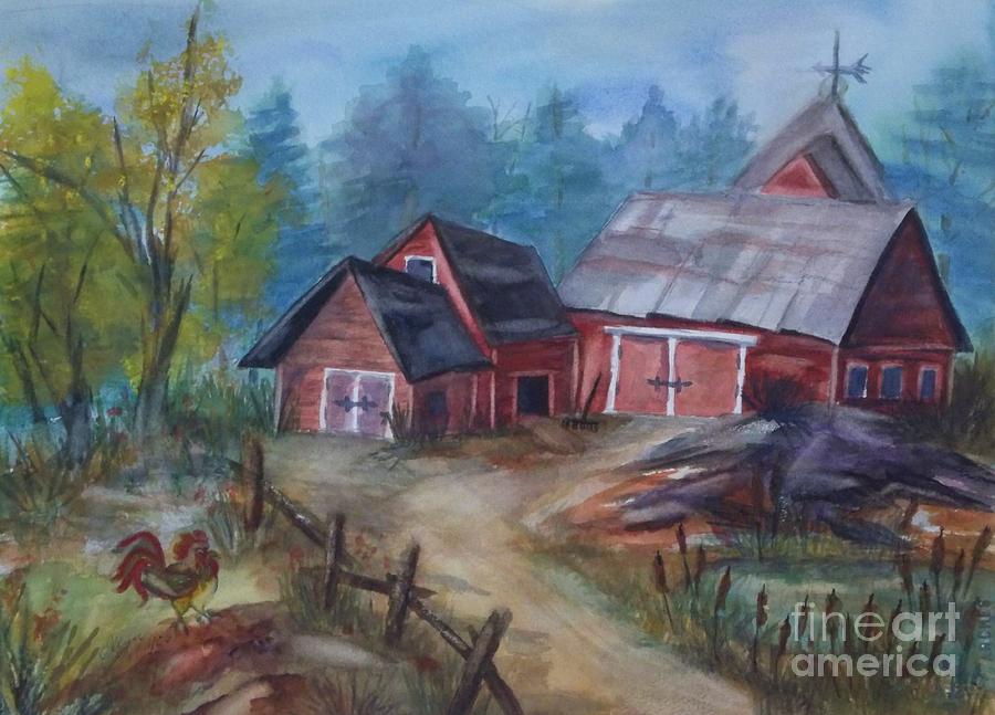 Rooster Painting - Crooked Red Barn by Ellen Levinson