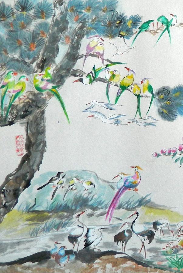 Tree Painting - Cropped 1 - 100 Birds by L R B
