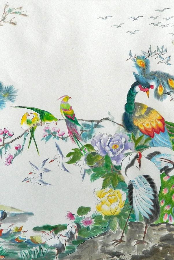 Cropped 2 - 100 Birds Painting by L R B