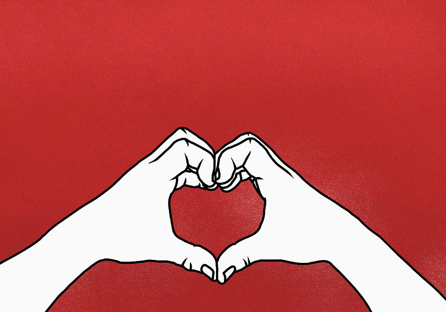 Cropped hands of person making heart shape against red background Photograph by Malte Mueller