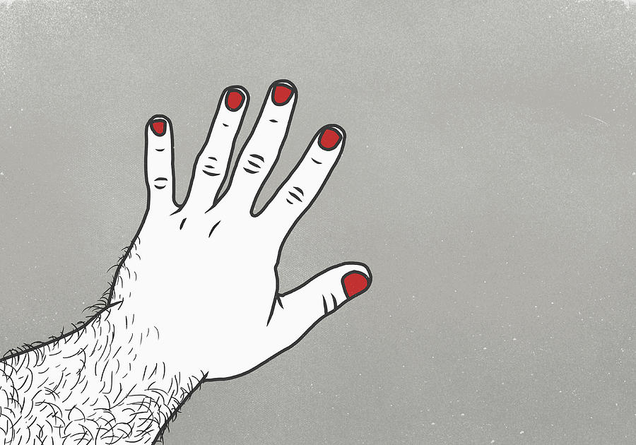 Cropped image of man with red nail polish on finger against gray background Drawing by Malte Mueller