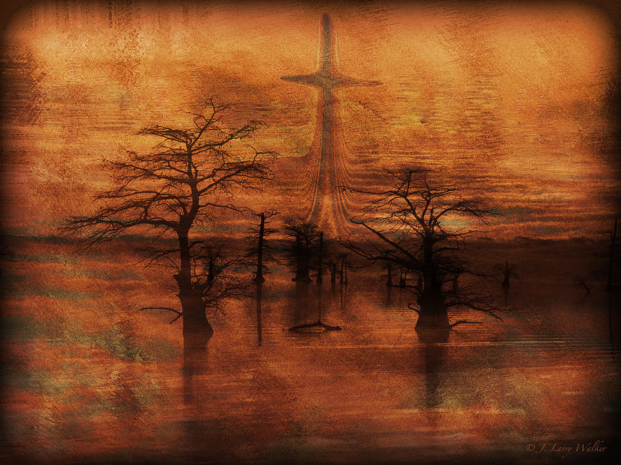 Cross At Lake Sunrise Digital Art by J Larry Walker