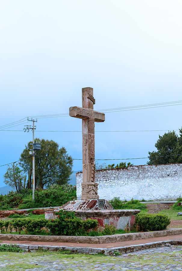 cross in front of Oxtotipac church and monastery Mexico.  Photograph by Marek Poplawski