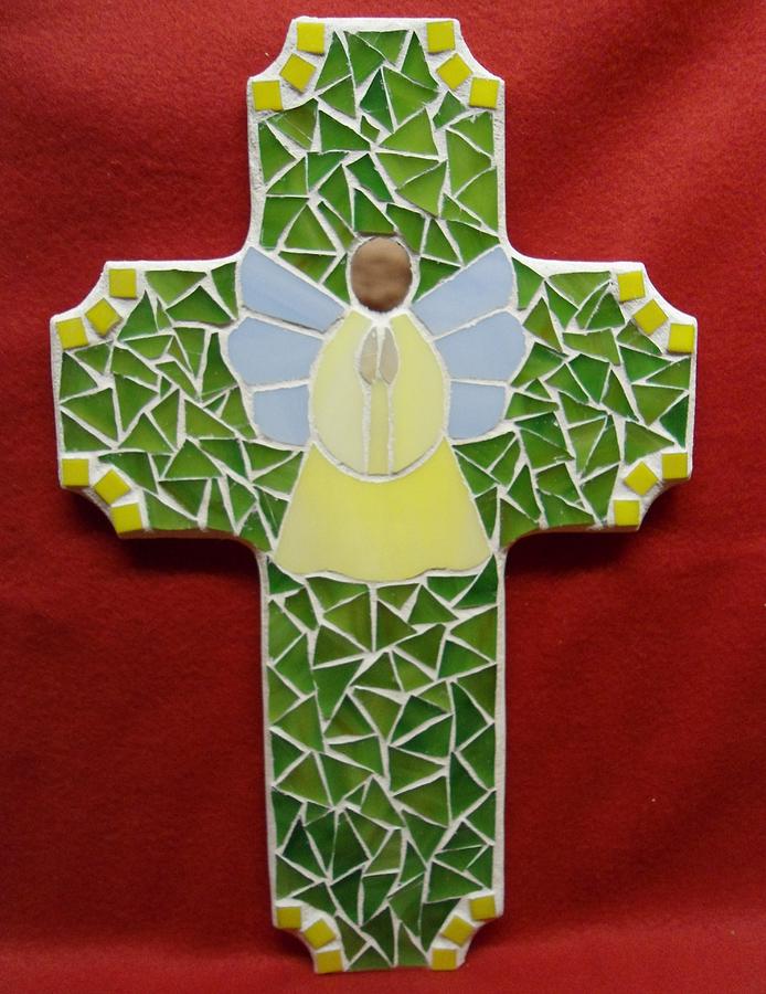 Cross Glass Art - Cross with Angel by Fabiola Rodriguez