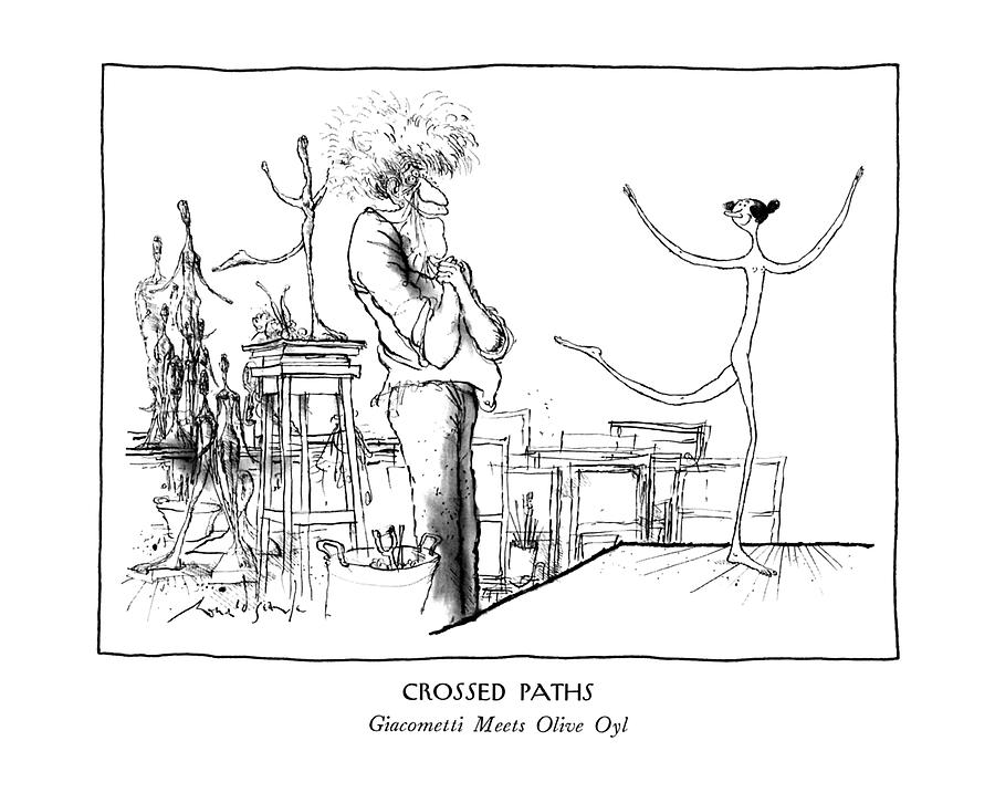 Crossed Paths
Giacometti Meets Olive Oyl Drawing by Ronald Searle