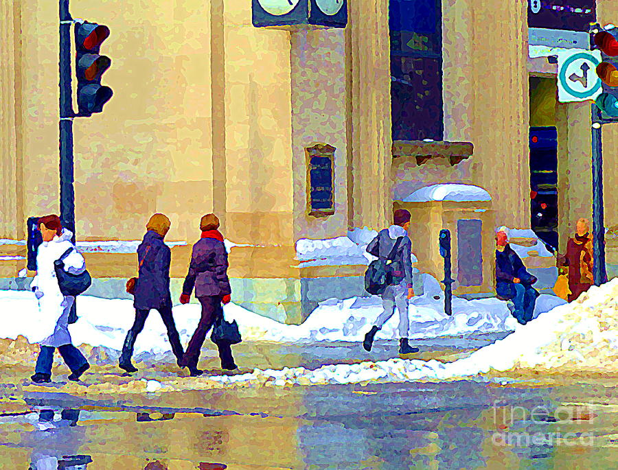 Crossing St Catherine At Drummond Downtown Montreal Centre Ville Urban Winter Street Scene Cspandau  Painting by Carole Spandau