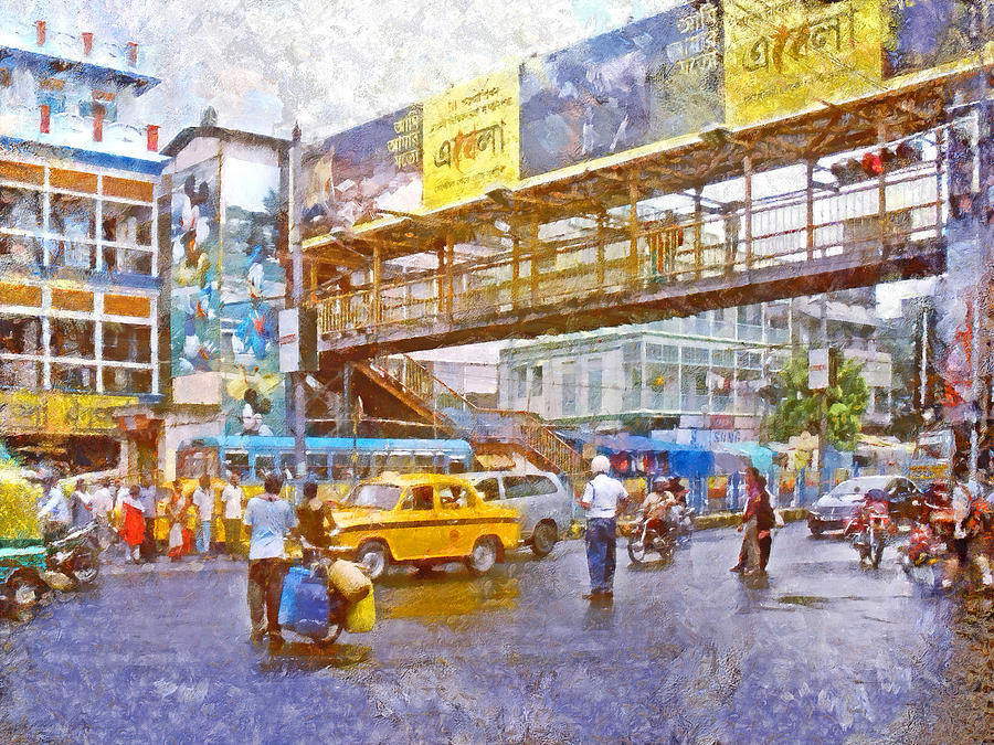 Crossing the street in Kolkata Digital Art by Digital Photographic Arts