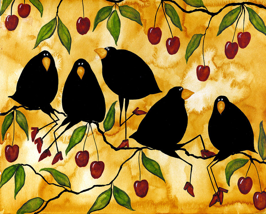 Raven Painting - Crow Bird Blackbird Raven Wildlife Animal Cherry Tree Italian Whimsical Folk Debi Hubbs Children Art by Debi Hubbs
