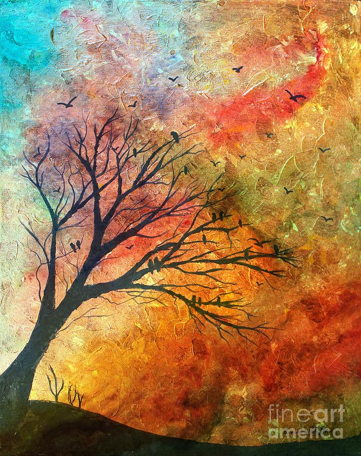 Crow Tree Colored Sky 2 Painting by Barbara A Griffin