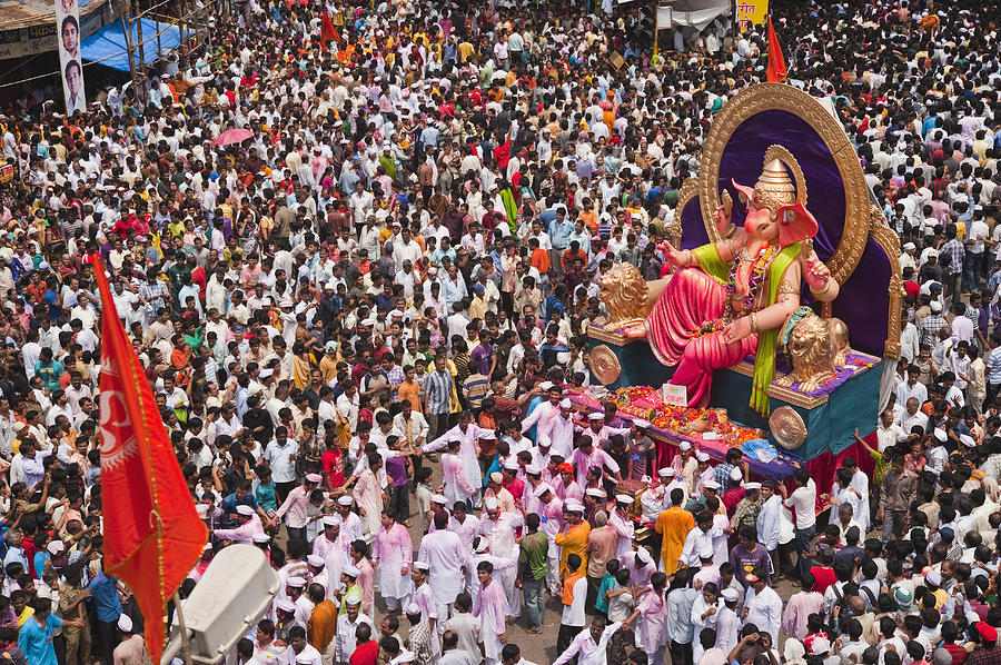 Crowd at religious procession during Ganpati visarjan ceremony, Mumbai, Maharashtra, India Photograph by Uniquely India