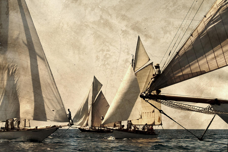 A vintage processed image of a sail race in port Mahon Menorca - Crowded sea Photograph by Pedro Cardona Llambias