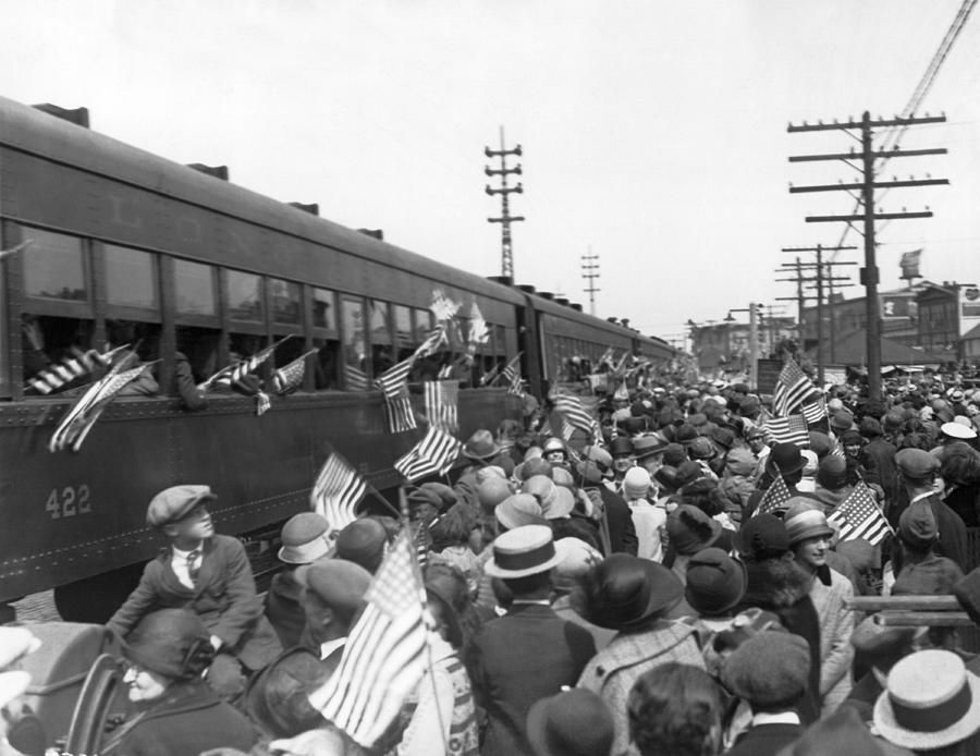 Crowds Cheer NY Train Service Photograph by Underwood Archives