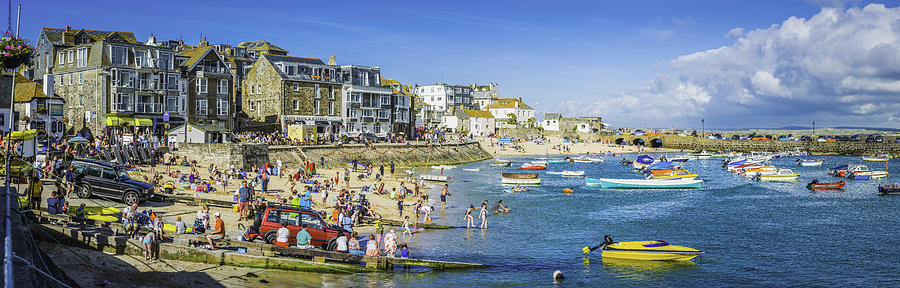 Crowds of tourists on harbour beach panorama St Ives Cornwall Photograph by fotoVoyager