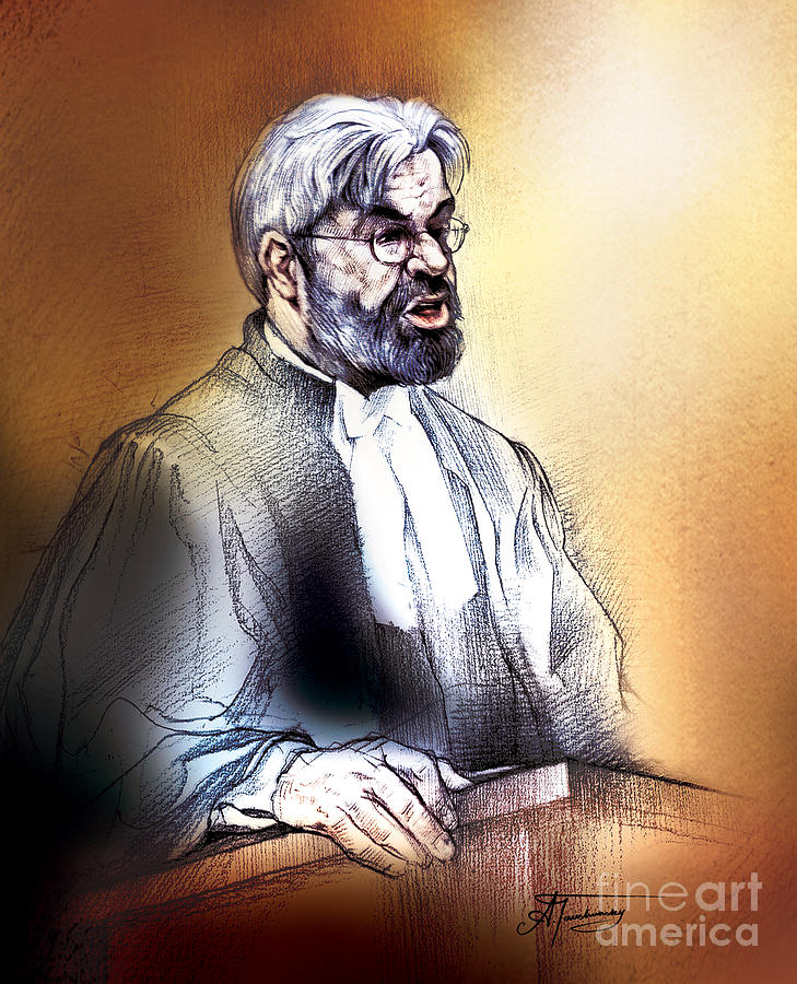Crown Attorney Jim Hughes at his closing address during Paul Poby trial Painting by Alex Tavshunsky