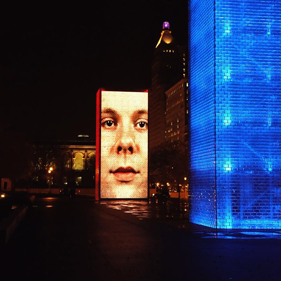 Crown Fountain At Night - Chicago Photograph by Jenny Hudson