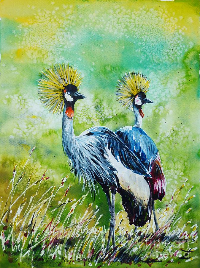 Crowned Cranes Painting by Zaira Dzhaubaeva