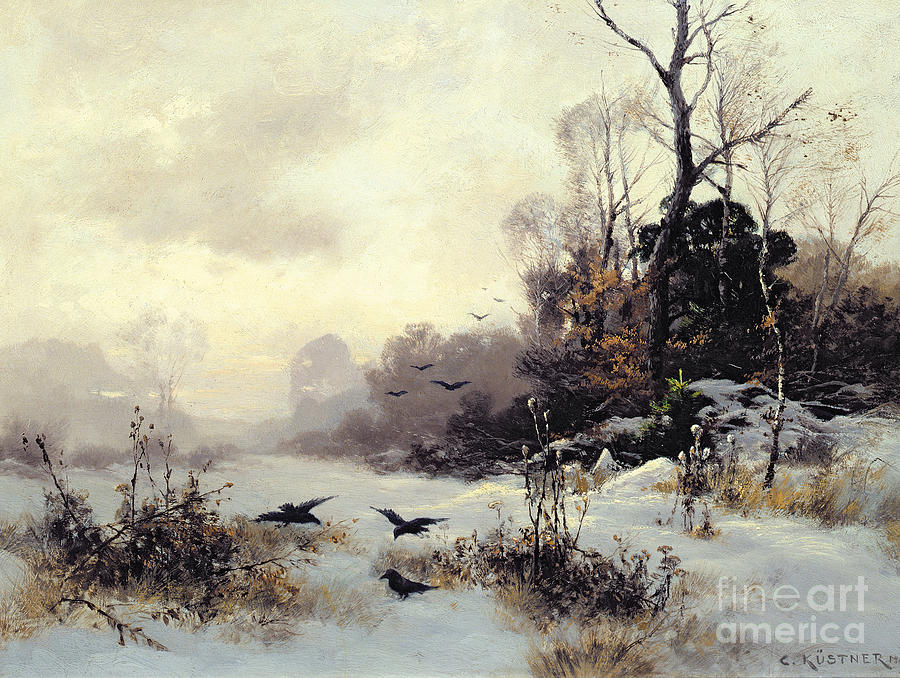Tree Painting - Crows in a Winter Landscape by Karl Kustner