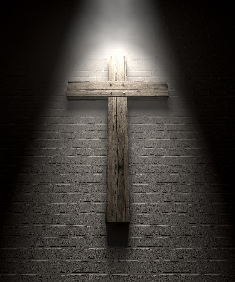 Brick Digital Art - Crucifix On A Wall Under Spotlight by Allan Swart