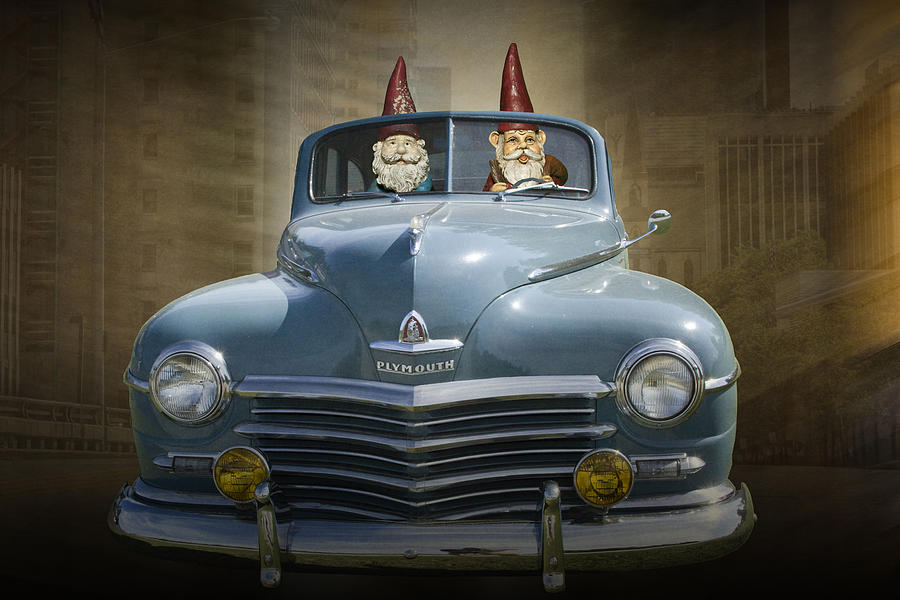 Cruising Gnomes in a Vintage Plymouth Photograph by Randall Nyhof