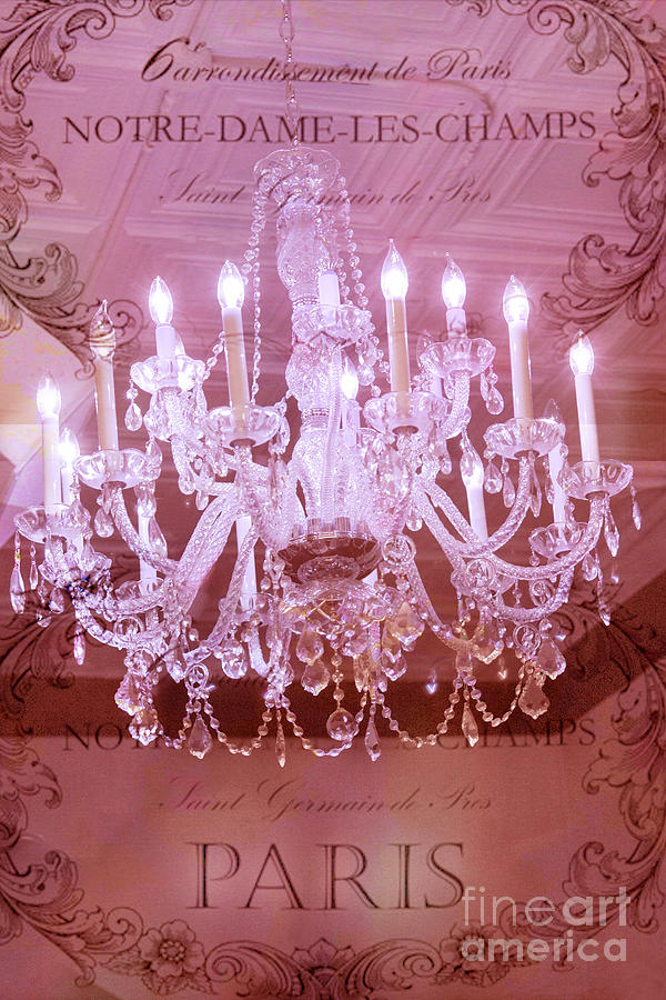 Paris Pink Crystal Chandelier - Dreamy Paris Hotel Sparkling Chandelier Art With French Script Photograph by Kathy Fornal