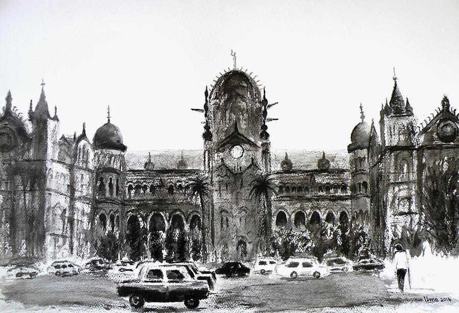 CST Station Mumbai Drawing by Uma Krishnamoorthy