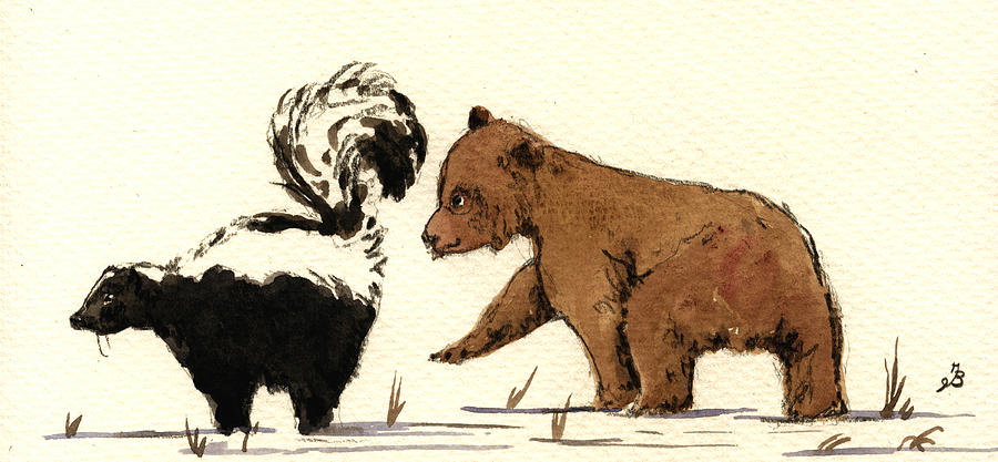 Cub Painting - Cub bear playing with skunk by Juan  Bosco