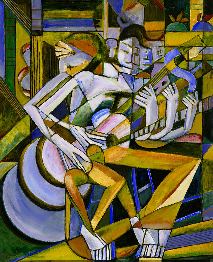 Cubist Descending Guitar Yellow Painting by Terrie Rockwell