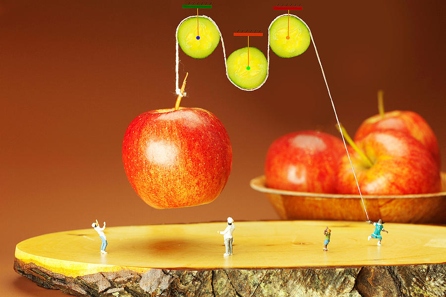 Unique Photograph - Cucumber pulley moving apples food physics by Paul Ge