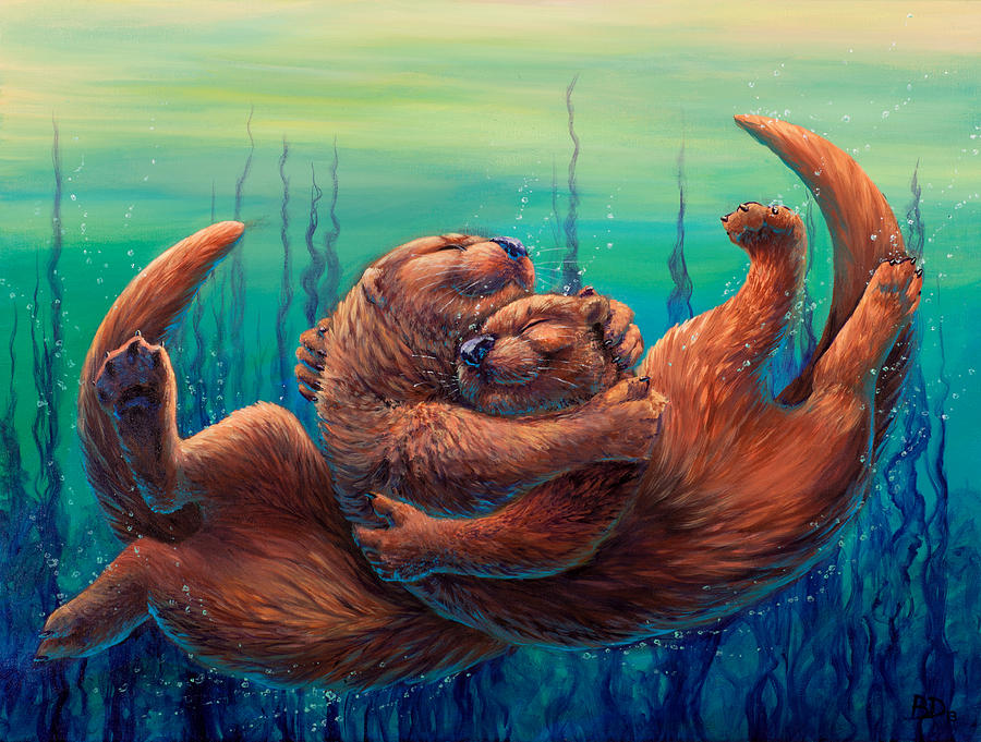 Otter Painting - Cuddles and Bubbles by Beth Davies