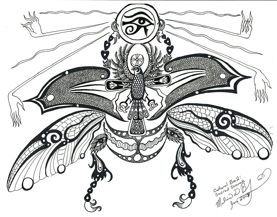 Hawk Drawing - Cultural Zoo 2 Sacred Scarab by Melinda Dare Benfield