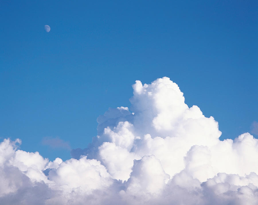 Nature Photograph - Cumulus Clouds And Moon In Sky by Panoramic Images