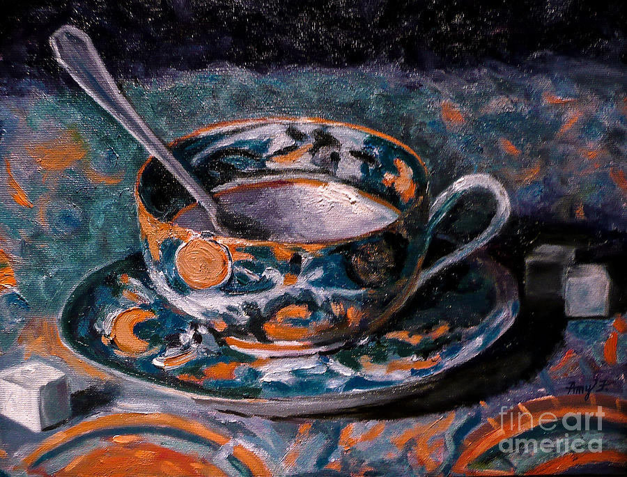 Spoon Still Life Painting - Cup of Tea and Sugar Cubes by Amy Fearn