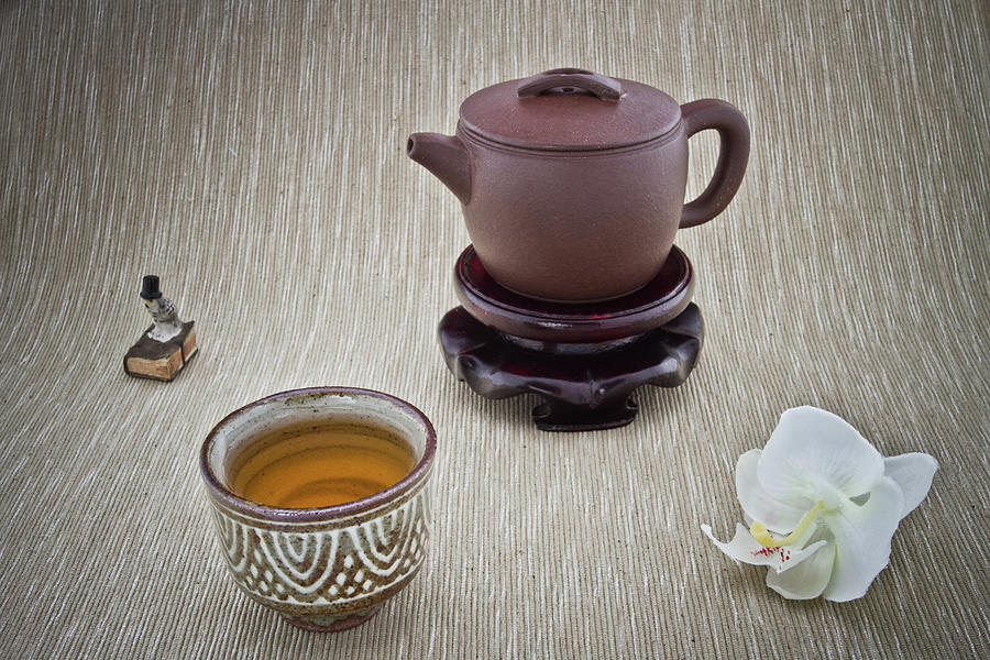 Cup Of Tea, Teapot, Orchid And Small Owl Photograph by Maria Melnikova Photography