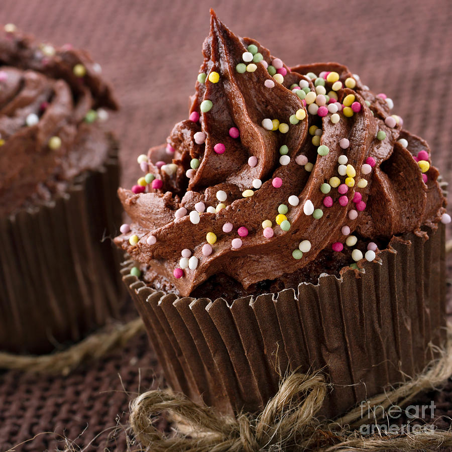 Vintage Photograph - Cupcakes with colorful sprinkles on dark background by Anna-Mari West