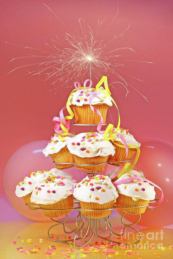 Cake Photograph - Cupcakes with sparkler on top  by Sandra Cunningham