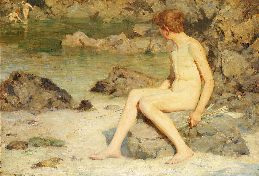 Cupid and Sea Nymphs Painting by Henry Scott Tuke