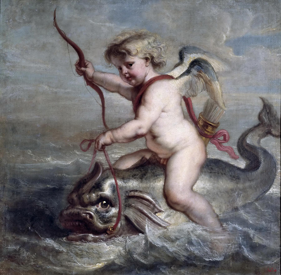 Cupid on a dolphin Painting by Erasmus Quellinus II