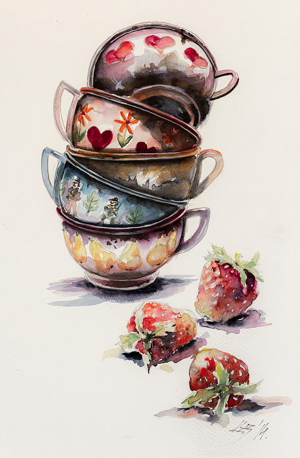 Cups and strawberries Painting by Kovacs Anna Brigitta