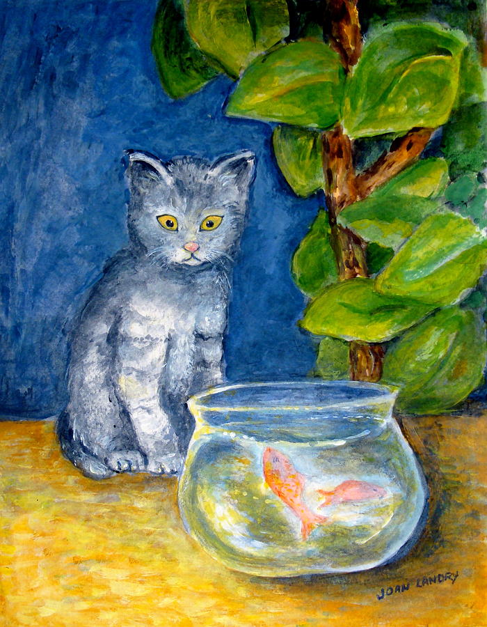 Animal Painting - Cat and Fish by Joan Landry