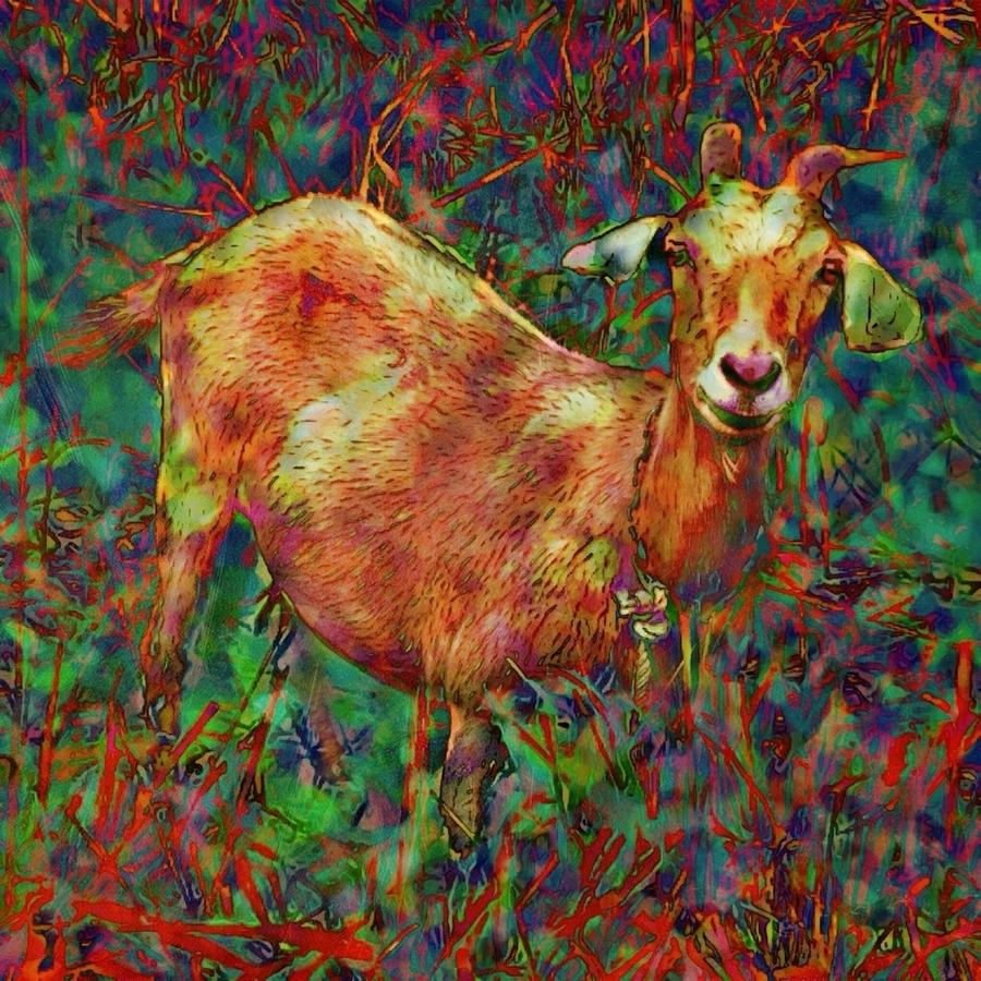 S Curious Goat in Vivid Foliage - Square Painting by Lyn Voytershark