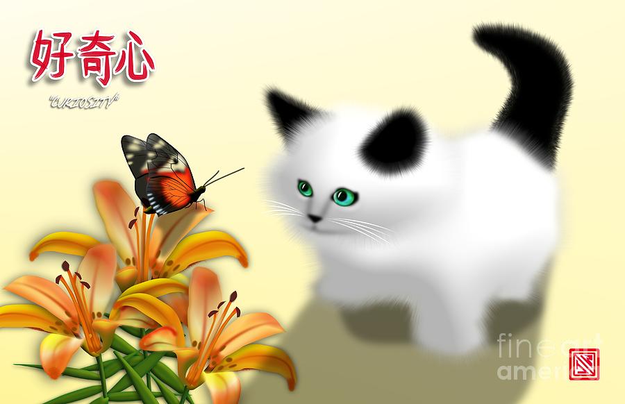 Orange Flowers Digital Art - Curious Kitty and butterfly by John Wills